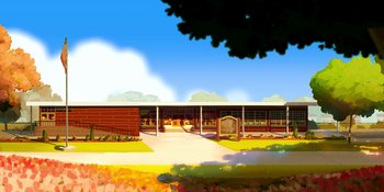 Movie still from “Snoopy Presents: Lucy's School” (2022), directed by Raymond S. Persi – An illustration of a building in a park setting; Extreme Wide shot, Low angle