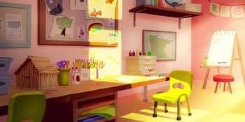Movie still from “Snoopy Presents: Lucy's School” (2022), directed by Raymond S. Persi – An artist's studio with a desk , chair , and shelves; Extreme Wide shot, High angle
