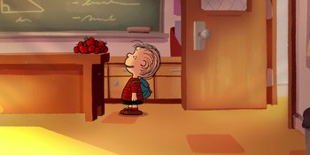 Movie still from “Snoopy Presents: Lucy's School” (2022), directed by Raymond S. Persi – A cartoon of a boy standing in front of a chalkboard; Extreme Wide shot, High angle