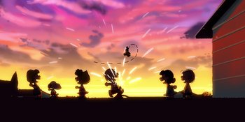 Movie still from “Snoopy Presents: Lucy's School” (2022), directed by Raymond S. Persi – A group of people standing on top of a field; Extreme Wide shot, Low angle