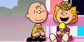Movie still from “Snoopy Presents: Lucy's School” (2022), directed by Raymond S. Persi – A charlie brown and a peanut sitting next to each other; Medium shot, High angle