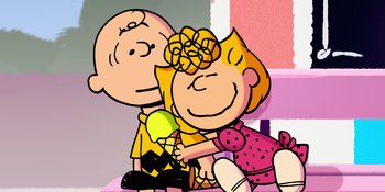 Movie still from “Snoopy Presents: Lucy's School” (2022), directed by Raymond S. Persi – A couple of people that are hugging each other; Medium shot, High angle