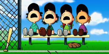 Movie still from “Snoopy Presents: Lucy's School” (2022), directed by Raymond S. Persi – A group of peanuts characters sitting on top of a bench; Medium shot, Overhead angle