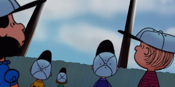 Movie still from “Snoopy Presents: Lucy's School” (2022), directed by Raymond S. Persi – A group of people standing next to each other on top of a building; Extreme Close Up shot, Low angle