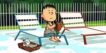 Movie still from “Snoopy Presents: Lucy's School” (2022), directed by Raymond S. Persi – A boy sitting on a chair holding a hot dog in his hand; Wide shot, High angle