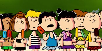 Movie still from “Snoopy Presents: Lucy's School” (2022), directed by Raymond S. Persi – A group of people standing next to each other; Extreme Wide shot, Low angle