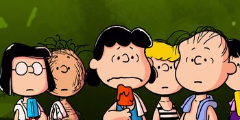 Movie still from “Snoopy Presents: Lucy's School” (2022), directed by Raymond S. Persi – A group of people standing next to each other; Medium shot, Low angle