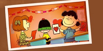 Movie still from “Snoopy Presents: Lucy's School” (2022), directed by Raymond S. Persi – A group of people sitting at a table holding cards; Extreme Close Up shot, High angle