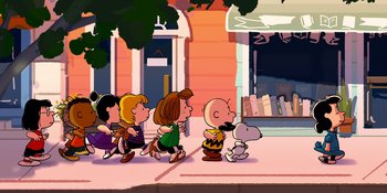Movie still from “Snoopy Presents: Lucy's School” (2022), directed by Raymond S. Persi – A group of people walking down a street; Extreme Wide shot, Low angle