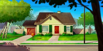 Movie still from “Snoopy Presents: Lucy's School” (2022), directed by Raymond S. Persi – An illustration of a house with a mailbox on the sidewalk; Extreme Wide shot, Low angle