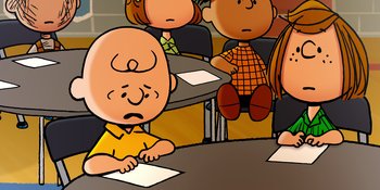 Movie still from “Snoopy Presents: Lucy's School” (2022), directed by Raymond S. Persi – A group of people sitting around a table; Close Up shot, High angle