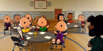 Movie still from “Snoopy Presents: Lucy's School” (2022), directed by Raymond S. Persi – A group of people sitting at tables in a room; Extreme Wide shot, High angle