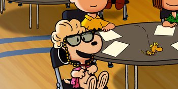 Movie still from “Snoopy Presents: Lucy's School” (2022), directed by Raymond S. Persi – A drawing of a woman sitting at a table next to a boy; Wide shot, High angle