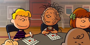 Movie still from “Snoopy Presents: Lucy's School” (2022), directed by Raymond S. Persi – Two people sitting at a table and one of the people is writing on a piece of paper; Close Up shot, Over the shoulder angle