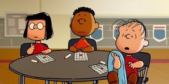 Movie still from “Snoopy Presents: Lucy's School” (2022), directed by Raymond S. Persi – A group of people sitting around a table; Medium shot, High angle