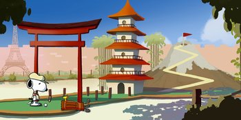 Movie still from “Snoopy Presents: Lucy's School” (2022), directed by Raymond S. Persi – An asian style building with a pagoda in the middle of a park; Extreme Wide shot, High angle