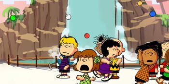 Movie still from “Snoopy Presents: Lucy's School” (2022), directed by Raymond S. Persi – A group of children standing next to each other; Extreme Wide shot, Low angle