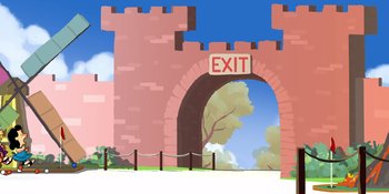 Movie still from “Snoopy Presents: Lucy's School” (2022), directed by Raymond S. Persi – An illustration of an exit sign on the side of a brick wall; Extreme Wide shot, Over the shoulder angle