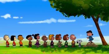 Movie still from “Snoopy Presents: Lucy's School” (2022), directed by Raymond S. Persi – A group of people standing next to each other on top of a grass field; Extreme Wide shot, Low angle