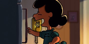 Movie still from “Snoopy Presents: Lucy's School” (2022), directed by Raymond S. Persi – A cartoon of a woman standing in front of a mirror; Close Up shot, Over the shoulder angle