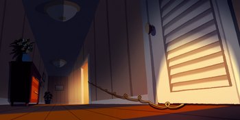 Movie still from “Snoopy Presents: Lucy's School” (2022), directed by Raymond S. Persi – An illustration of a room with a door open; Extreme Wide shot, Low angle