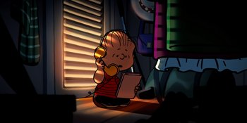 Movie still from “Snoopy Presents: Lucy's School” (2022), directed by Raymond S. Persi – A charlie brown cartoon character holding a phone and holding a paper; Extreme Wide shot, Low angle
