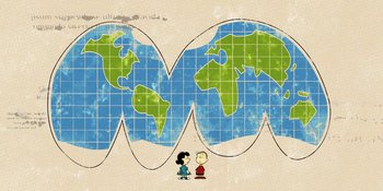 Movie still from “Snoopy Presents: Lucy's School” (2022), directed by Raymond S. Persi – A drawing of two people standing next to each other in front of a map of the world; Extreme Wide shot, Overhead angle