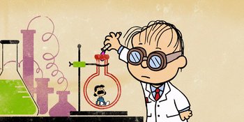 Movie still from “Snoopy Presents: Lucy's School” (2022), directed by Raymond S. Persi – A cartoon of a boy in a lab coat and glasses; Medium shot, Low angle