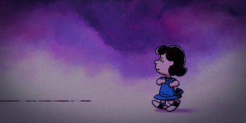 Movie still from “Snoopy Presents: Lucy's School” (2022), directed by Raymond S. Persi – A painting of a girl in a blue dress looking sad; Extreme Wide shot, Over the shoulder angle