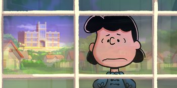 Movie still from “Snoopy Presents: Lucy's School” (2022), directed by Raymond S. Persi – A cartoon of a woman looking out a window; Extreme Wide shot, Low angle