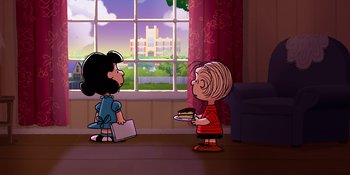 Movie still from “Snoopy Presents: Lucy's School” (2022), directed by Raymond S. Persi – Two cartoon characters in front of a large window; Extreme Wide shot, High angle