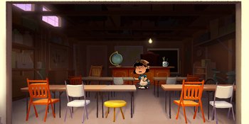 Movie still from “Snoopy Presents: Lucy's School” (2022), directed by Raymond S. Persi – An animated scene of a classroom with a boy sitting at a desk; Extreme Wide shot, High angle