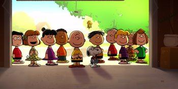 Movie still from “Snoopy Presents: Lucy's School” (2022), directed by Raymond S. Persi – A group of cartoon characters standing in a line; Extreme Wide shot, High angle