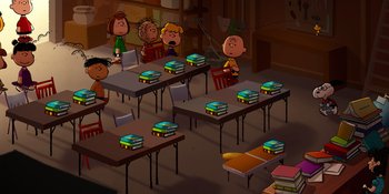 Movie still from “Snoopy Presents: Lucy's School” (2022), directed by Raymond S. Persi – A group of people sitting at tables with books on top of them; Extreme Wide shot, High angle