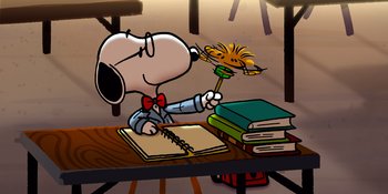 Movie still from “Snoopy Presents: Lucy's School” (2022), directed by Raymond S. Persi – A cartoon picture of a dog sitting at a desk with books; Wide shot, Low angle