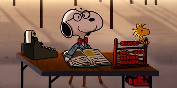 Movie still from “Snoopy Presents: Lucy's School” (2022), directed by Raymond S. Persi – A cartoon picture of a dog reading a book; Medium shot, Low angle
