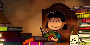 Movie still from “Snoopy Presents: Lucy's School” (2022), directed by Raymond S. Persi – A girl is reading a book on a table; Extreme Wide shot, High angle