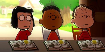 Movie still from “Snoopy Presents: Lucy's School” (2022), directed by Raymond S. Persi – A group of people sitting at a table reading books; Medium shot, Over the shoulder angle