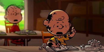 Movie still from “Snoopy Presents: Lucy's School” (2022), directed by Raymond S. Persi – A drawing of a bald man writing in a notebook; Close Up shot, High angle