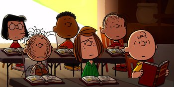 Movie still from “Snoopy Presents: Lucy's School” (2022), directed by Raymond S. Persi – A group of children sitting at a table reading books; Medium shot, High angle