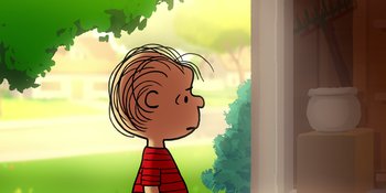 Movie still from “Snoopy Presents: Lucy's School” (2022), directed by Raymond S. Persi – A drawing of a boy looking out of a window; Close Up shot, Over the shoulder angle