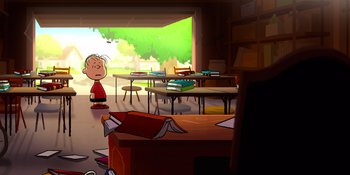 Movie still from “Snoopy Presents: Lucy's School” (2022), directed by Raymond S. Persi – A charlie brown character in a room full of books; Extreme Wide shot, High angle