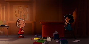 Movie still from “Snoopy Presents: Lucy's School” (2022), directed by Raymond S. Persi – A scene from a charlie brown and snoopy movie; Extreme Wide shot, High angle