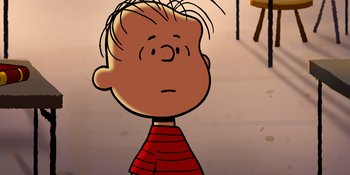 Movie still from “Snoopy Presents: Lucy's School” (2022), directed by Raymond S. Persi – A cartoon of a boy with a sad look on his face; Close Up shot, High angle
