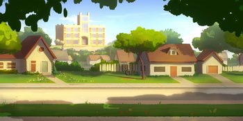 Movie still from “Snoopy Presents: Lucy's School” (2022), directed by Raymond S. Persi – An illustration of a city with a tree in the foreground; Extreme Wide shot, Low angle