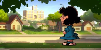 Movie still from “Snoopy Presents: Lucy's School” (2022), directed by Raymond S. Persi – A cartoon picture of a little girl standing on the side of the road; Extreme Wide shot, Over the shoulder angle