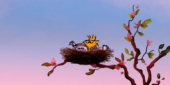 Movie still from “Snoopy Presents: Lucy's School” (2022), directed by Raymond S. Persi – An illustration of a bird sitting in a nest; Wide shot, High angle