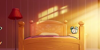 Movie still from “Snoopy Presents: Lucy's School” (2022), directed by Raymond S. Persi – A cartoon of a bed with a person sitting on it; Extreme Wide shot, Low angle