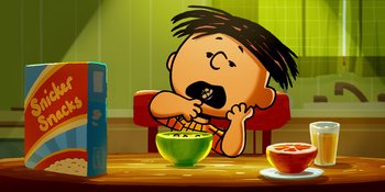 Movie still from “Snoopy Presents: Lucy's School” (2022), directed by Raymond S. Persi – A charlie brown character eating a bowl of cereal; Wide shot, Low angle