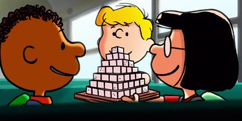 Movie still from “Snoopy Presents: Lucy's School” (2022), directed by Raymond S. Persi – A group of people standing next to each other on top of a table; Medium shot, Low angle